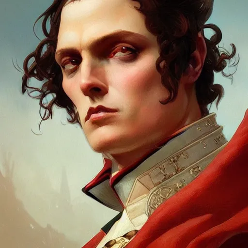 Prompt: Fierce Napoleon, closeup, intricate, elegant, highly detailed, digital painting, artstation, concept art, matte, sharp focus, illustration, art by Artgerm and Greg Rutkowski and Alphonse Mucha