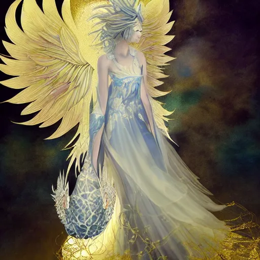 Prompt: anthropomorphic angel with betta fish dress, white and gold color palette, by Yoshitaka Amano, ethereal, dreamy, god rays