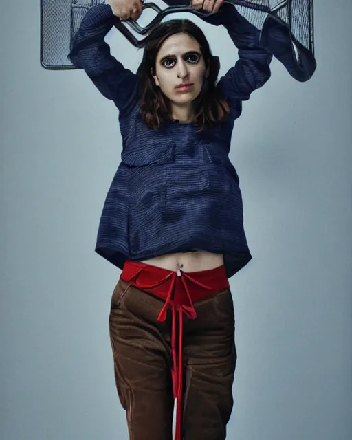 Prompt: hila klein from h 3 h 3, wearing an oufit made from stainless steel, weird expressionist pose, modern fashion, half body shot, photo by greg rutkowski, female beauty, f / 2 0, symmetrical face, warm colors, depth of field