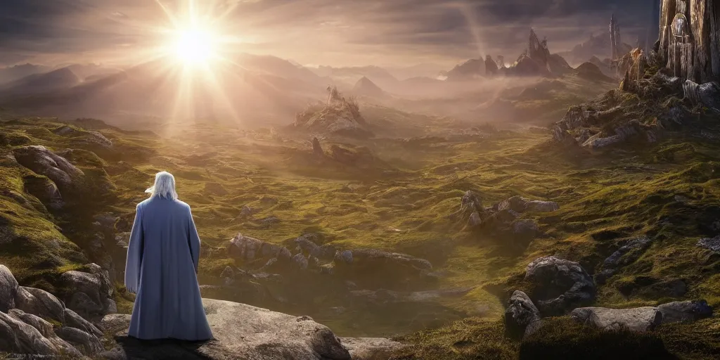 Image similar to a beautiful wide shot of donald trump in gandalf's robes facing the camera, the panorama of middle earth in the background, intricate detail, god rays, photography, volumetric light, cinematic, 8 k