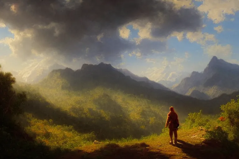 Image similar to a traveler wandering trough the mountains looking at the clouds, very detailed, oil painting, cinematic lighting, albert bierstadt, trending on artstation, colorful, canvas