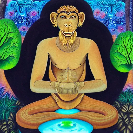 Prompt: an anthromorphic monkey man meditating in a zen garden with a waterfall, by amanda clark and amanda sage in a psychedelic style, oil on canvas