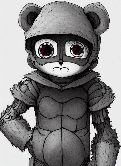 Prompt: beautiful little boy wearing an cyborg bear suit, artwork in kentaro miura and made in abyss and rosdraws, smooth, beautiful lightness, anatomically correct, trending on pixiv