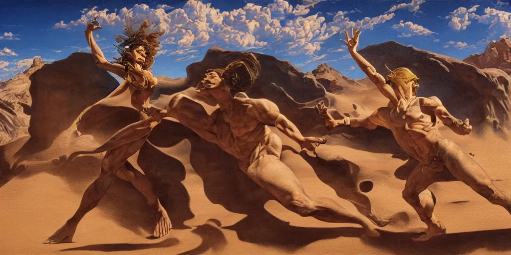 Prompt: peace of desert truth God Sand menace in the style of Frank Frazetta, Jeff Easley, Caravaggio, extremely clear and coherent, intricate and detailed, 8K resolution