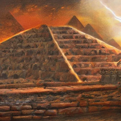 Image similar to Very muscular Devil, red fire eyes, guarding the entrance of the pyramid of Cheops, dessert, ancient world, realistic, god, dramatic lightning, very detailed, concept art