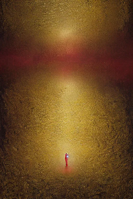 Image similar to immaculate painting of A Beautiful fine detailed gold and red and black Forest Illusion by erik johansson micro detailing