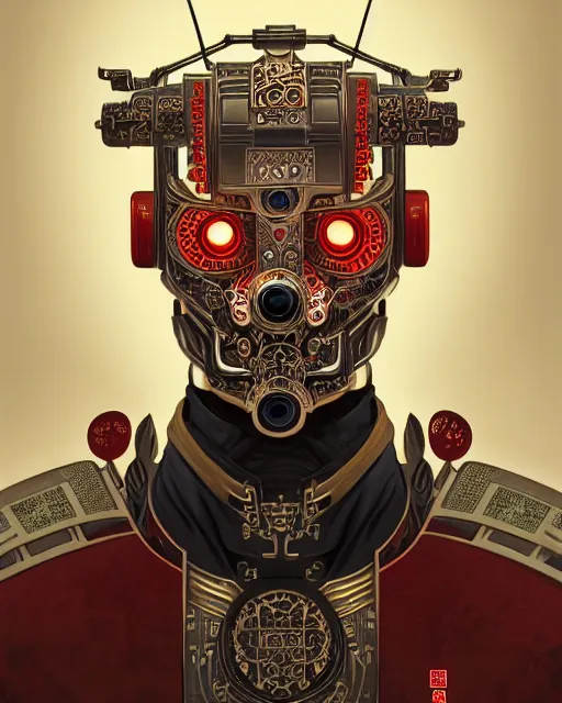 Image similar to portrait of a masculine male cyberpunk machine, machine face, upper half portrait, decorated with chinese opera motifs, asian, fine china, wuxia, traditional chinese art, intricate, elegant, highly detailed, symmetry, headpiece, digital painting, artstation concept art smooth sharp focus, illustration, art by artgerm and greg rutkowski alphonse mucha 8 k