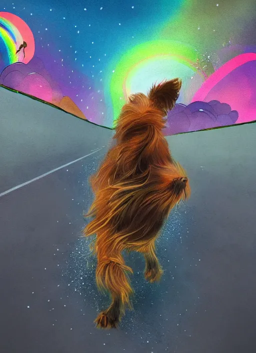 Image similar to a singular beautiful smiling dog running happily towards its owner, ethereal heavenly rainbow bridge in the background behind the dog, tall golden heavenly gates, amazing, stunning artwork, featured on artstation, cgosciety, behance