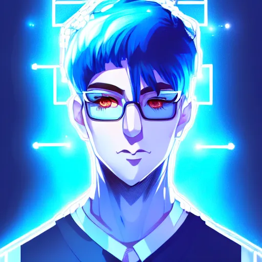 Image similar to a highly detailed portrait of a man with navy blue hair and blue glowing eyes, blue transparent cubes in backround, high detail clothing, concept art, anime, artstation, professional drawing