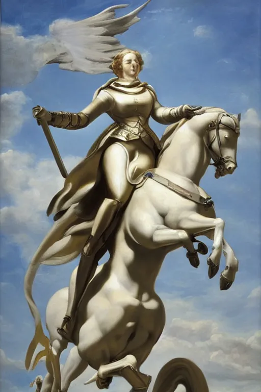 Prompt: Margaret Thatcher riding a valiant armoured steed, oil on canvas by Antonio Canova,