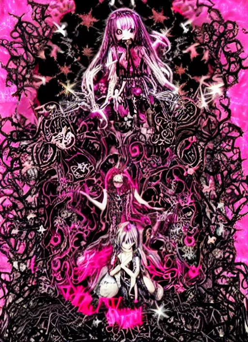 Image similar to spiked bloodmoon pixie sigil stars, goregrind album cover, baroque bedazzled gothic royalty frames surrounding a hellfire hexed witchcore aesthetic, dark vhs broken hearts, neon glyphs spiked pixelsort fairy kei decora doll, 8mm VHS footage of a japanese horror movie