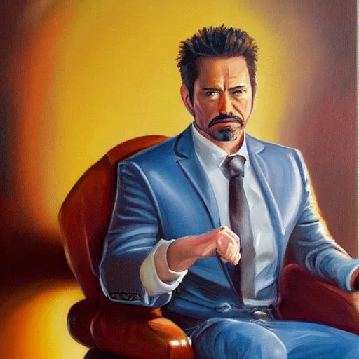 Prompt: detailed oil painting of tony stark sitting in an armchair in a room with the setting sun, by jama jurabaev, brush hard, golden hour, brush stroke