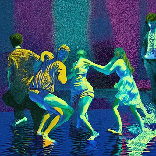 Prompt: liquid people dancing under the sea by lynda benglis, hyperrealistic, shadows, high detail, digital art