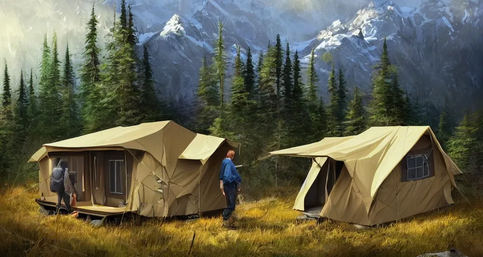 Prompt: cabela's beautiful comfortable carbon framed, military grade, modular insulated wall portable container home kit - house all weather family dwelling tent house, person in foreground, mountainous forested wilderness open fields, beautiful views, painterly concept art, environmental concept art, concept art illustration, by james gurney, by craig mullins, by greg rutkowski trending on artstation