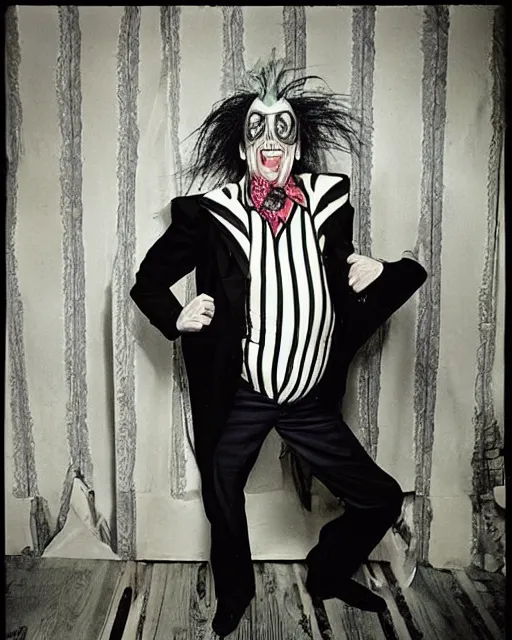 Image similar to photoshoot of michael keaton as beetlejuice, in the style of tim burton, photos by annie leibovitz