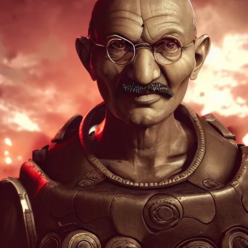 Image similar to Portrait of Mahatma Gandhi in Gears of War, splash art, movie still, cinematic lighting, dramatic, octane render, long lens, shallow depth of field, bokeh, anamorphic lens flare, 8k, hyper detailed, 35mm film grain