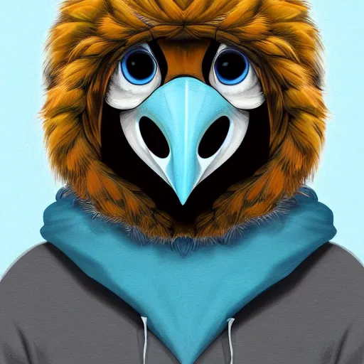 Image similar to front facing portrait. humanoid furry! anthro, anthro, anthro, avian, avian, avian!!! fursona, bird, bird, bird!!! digital art! trending on artstation! subject wearing hoodie and jeans!! subject is female!! female!!! big beak, big beak, big beak!!! blue feathers!! birdfolk!! owlkin!! Character design by charlie bowater, ross tran, artgerm, and makoto shinkai!!! detailed!!!