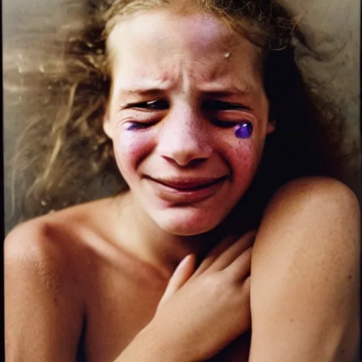 Image similar to a candid extreme closeup portrait of an expressive face of a happy in tears young woman by annie leibovitz