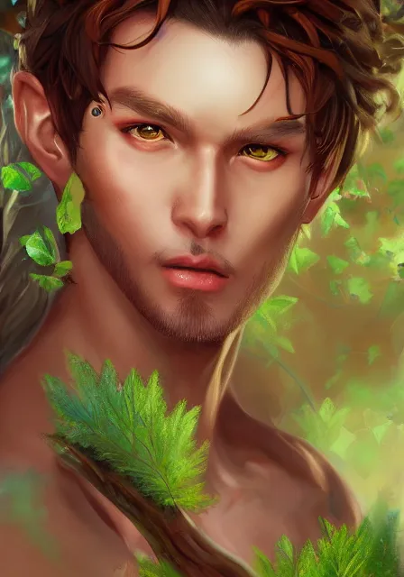 Image similar to A realistic anime portrait of a handsome buff dryad with glowing green eyes and tree bark skin wearing clothes made of leaves, digital painting, by Stanley Artgerm Lau, Sakimichan, WLOP and Rossdraws, digtial painting, trending on ArtStation, SFW version