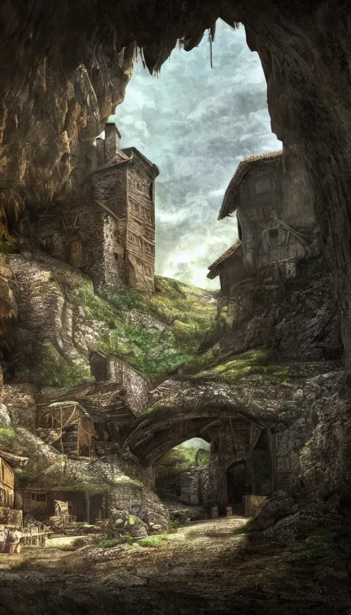 Prompt: a medieval village inside a cave near a cave river, photorealistic, 8k, high detail, high quality, dramatic lighting, HDR