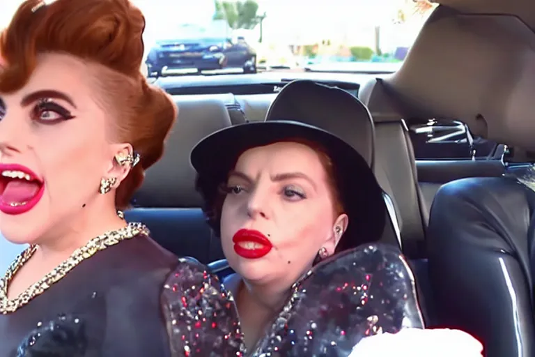 Image similar to lady gaga and judy garland doing carpool karaoke, lady gaga and judy garland, carpool karaoke, lady gaga, judy garland, carpool karaoke, youtube video screenshot, the late late show with james corden, higly realistic, high resolution, dashcam