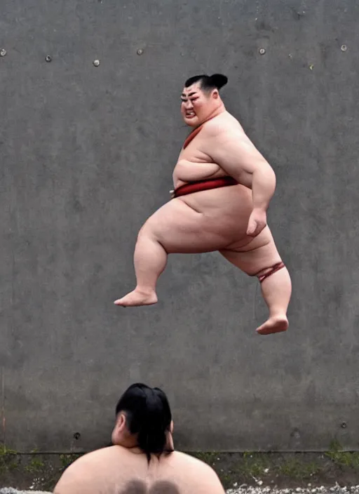 Image similar to A Sumo wrestler jumps 10 feet into the air over the berlin wall made of harry potter's village