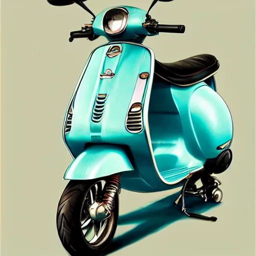 Prompt: a turquoise vespa moped, ultra realistic, concept art, intricate details, detailed, photorealistic, pencil and watercolor, art by artgerm and greg rutkowski