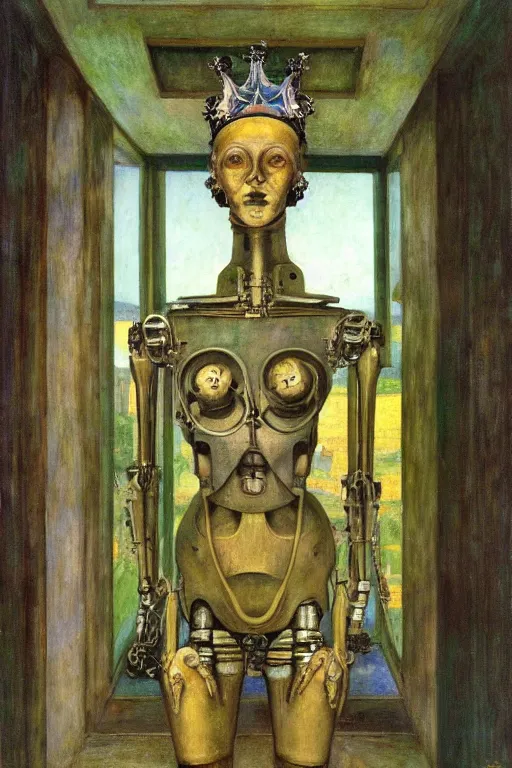 Prompt: the robot wearing her bone crown stands by the window , by Annie Swynnerton and Diego Rivera and Elihu Vedder, symbolist, dramatic lighting, elaborate geometric ornament, Art Brut, soft blues and greens,smooth, sharp focus, extremely detailed, Adolf Wölfli, octane render