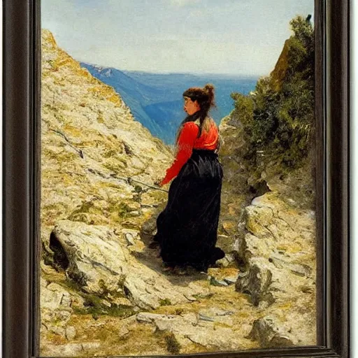 Image similar to a young woman climbing a mountain, by alfred stevens
