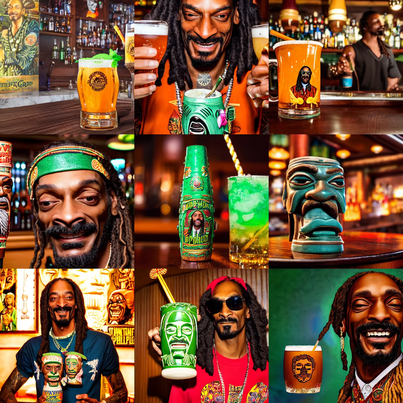 Prompt: a closeup photorealistic photograph of happy snoop dogg at trader vic's bar presenting a trader vic's tiki mug representing the face of snoop dogg. brightly lit scene. this 4 k hd image is trending on artstation, featured on behance, well - rendered, extra crisp, features intricate detail, epic composition and the style of unreal engine.