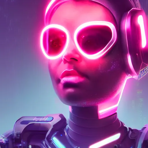 Image similar to cyberpunk concept cool girl cyborg bot, cinema 4 d, galaxy, ufo, space sci - fi, wearing vr goggles, illustration, portrait, pastel neon textured background night, trending on artstation, greg rutkowski, octane rendered, 1 2 k, detailed,