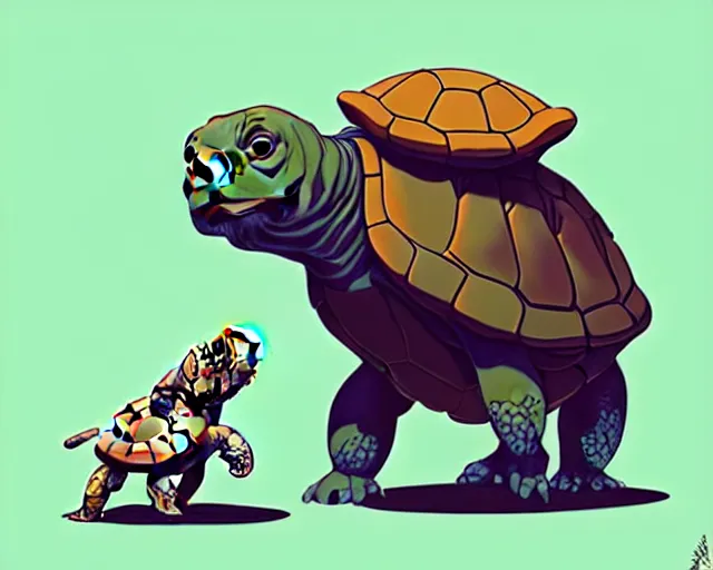 Image similar to cell shaded cartoon of an adorable turtle with a bulldog's head, concept art by josan gonzales and wlop, by james jean, victo ngai, david rubin, mike mignola, deviantart, art by artgem