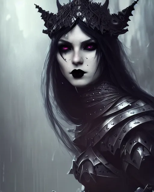 Image similar to Beautiful art portrait of a goth girl as a fantasy warrior in a dungeon, atmospheric lighting, intricate detail, cgsociety, hyperrealistic, octane render, RPG portrait, ambient light, dynamic lighting