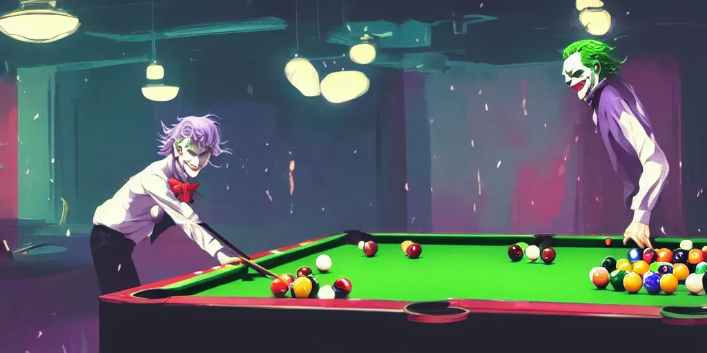 Image similar to the joker playing pool, magical, bright, colorful, fantastic lighting, amazing details, 4 k uhd, illustration by hayao miyazaki and makoto shinkai and ilya kuvshinov, artstation, pixiv,