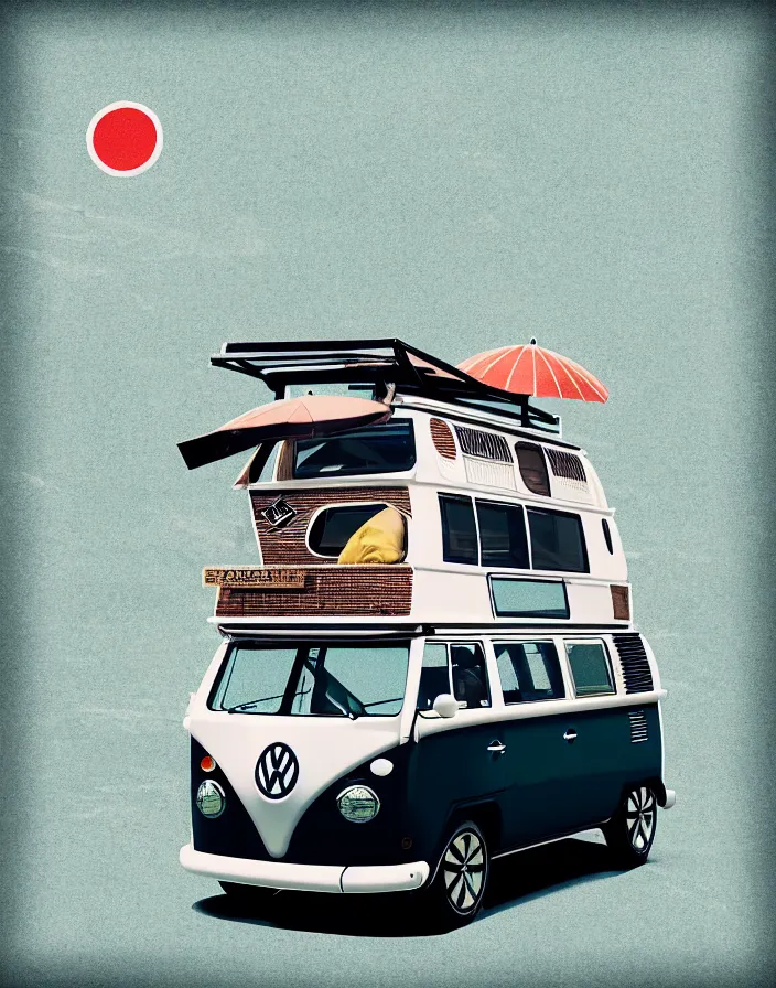 Image similar to front view vw camper touring rural japan, a collage painting, in the style of wes anderson, lola dupre, david hockney, isolated on negative white space background dark monochrome fluorescent spraypaint accents volumetric octane render, no double subject