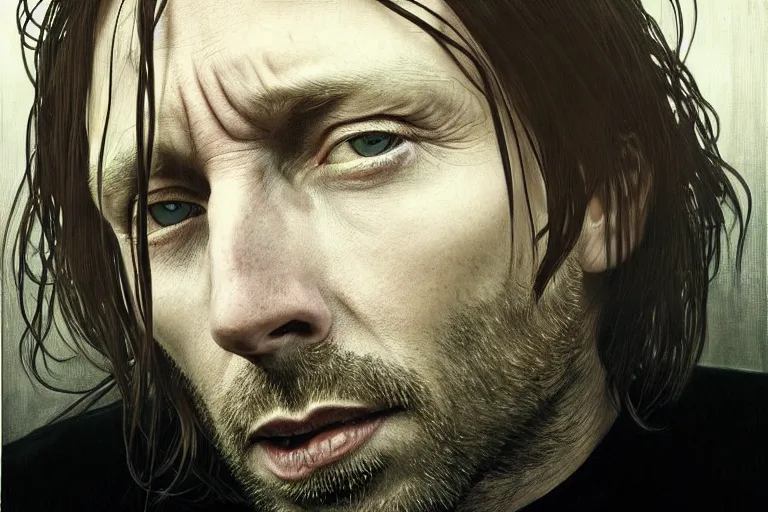 Prompt: hyper realistic portrait of thom yorke mixed with trent reznor, bigger forehead, bigger chin, from the side, by lee bermejo, alphonse mucha and greg rutkowski