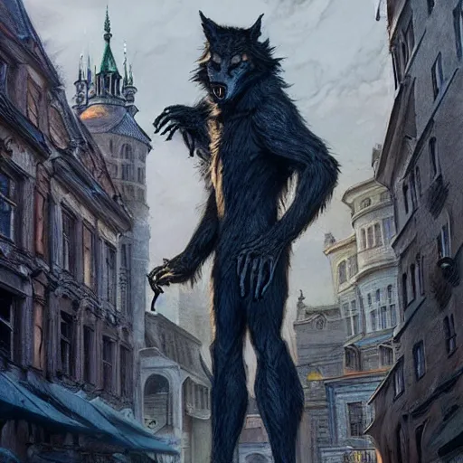 Image similar to werewolf in the city lviv high castle, portrait, highly detailed, full body, digital painting, trending on artstation, concept art, sharp focus, illustration, art by artgerm and greg rutkowski and magali villeneuve