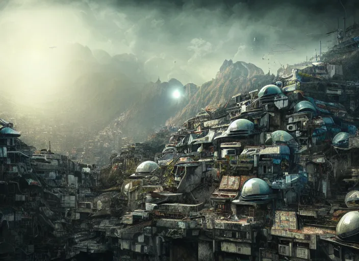 Prompt: favela spaceship cathedral, apocalypse environment, sorcery, scenery, professional, award - winning, trending on artstation, hyper detailed, realistic, beautiful, emotional, shiny, somber, picture