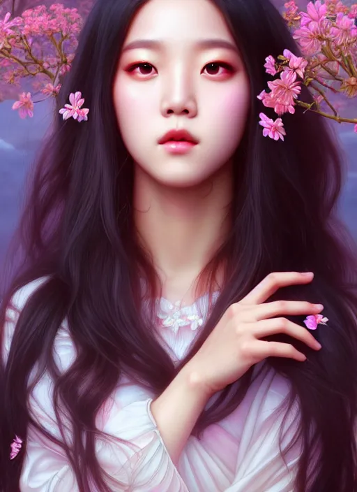 Image similar to jisoo of blackpink, goddess of the moon, highly detailed, digital painting, smooth, sharp focus, illustration, ultra realistic, unreal engine, 8 k, art by artgerm and alphonse mucha