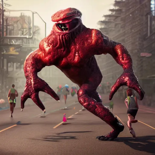 Image similar to HD, strange stock photo of a cyclops monster running a marathon, CGsociety, 3dcg, trending on ArtstationHD, artstation, highly detailed, rendered image