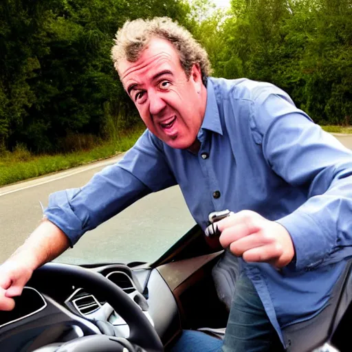 Image similar to Jeremy Clarkson driving and pressing car honk. Angry Jeremy Clarkson driving, honking. Jeremy Clarkson pressing honk while driving.