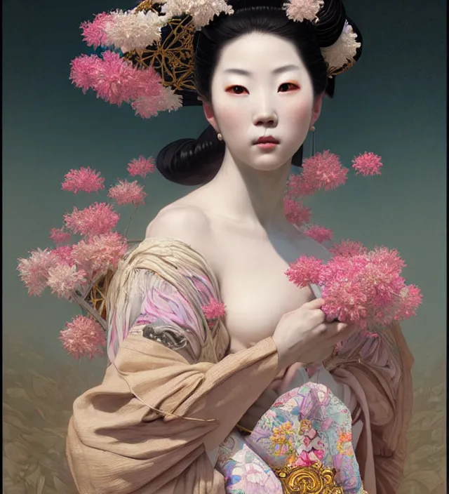 Prompt: baroque portrait of a geisha woman of porceline skin half emerged from river made of thousand of flowers, cinematic lighting, photorealistic, octane render, 8 k, depth of field, art by artgerm and greg rutkowski and alphonse mucha and uang guangjian