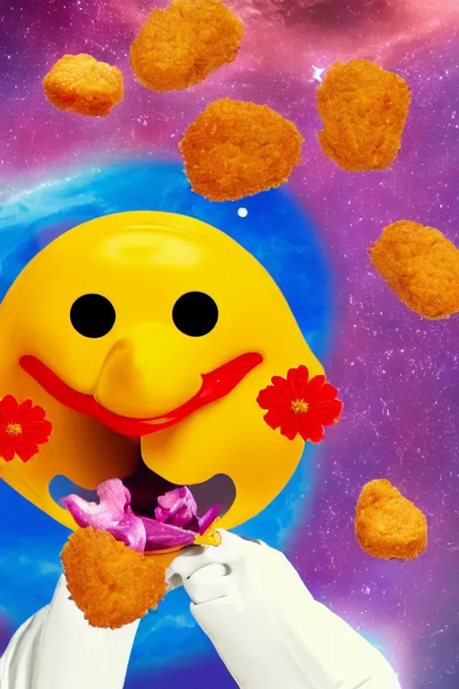 Image similar to A flower with a mouth eating a chicken nugget in space