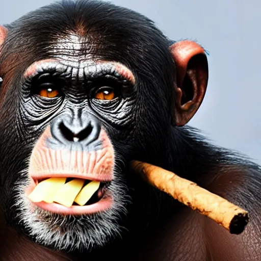 Image similar to a high detail closeup shot of a chimp wearing a suit and smoking a cigar