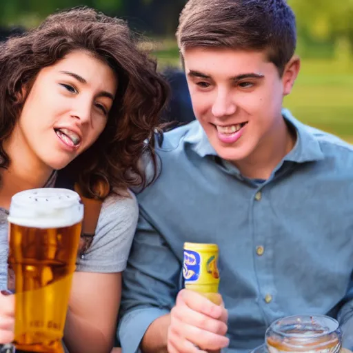 Prompt: very nervous male college student on his first date with a very attractive female at college shotgunning a beer on his birthday, in real life, hyper realistic, realistic, great detail, very very detailed, detailed, 8 k, 4 k uhd