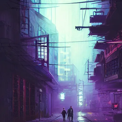 Image similar to epic digital matte paining of a dark alleyway in a cyberpunk city at nighttime by jama jurabaev and denis villeneuve, extremely detailed, artstation