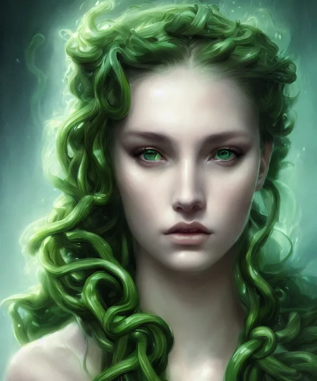 Prompt: medusa by charlie bowater and titian and artgerm, full - body portrait, intricate, face, lake, toga, elegant, green mist, beautiful, highly detailed, dramatic lighting, sharp focus, trending on artstation, artstationhd, artstationhq, unreal engine, 4 k, 8 k