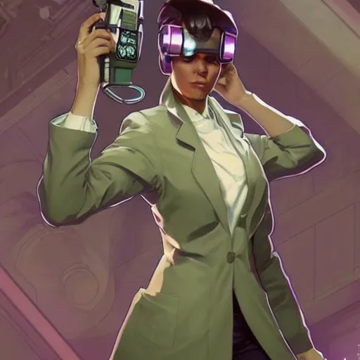 Image similar to a full body character design by artgerm, cushart krenz, greg rutkowski and alphonse mucha. cute african mad scientist woman lab coat!! green plasma laser gun!! goggles visor!! bold outline sharp edges. ultra clear detailed. 8 k. ultra detailed, elegant, intricate, octane render. felt!!! texture