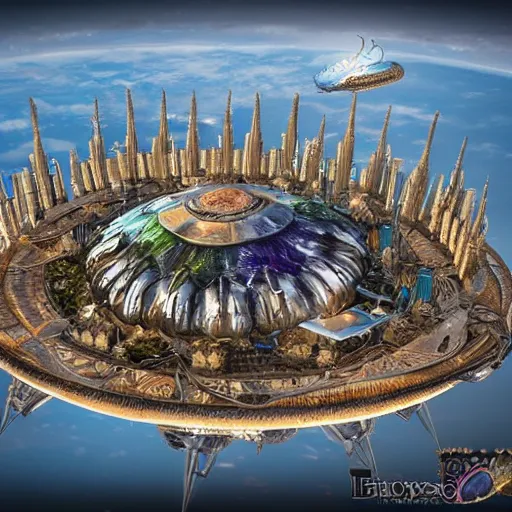 Prompt: enormous flying city in a faberge egg, sky, steampunk, fantasy art, unreal engine, aerial view