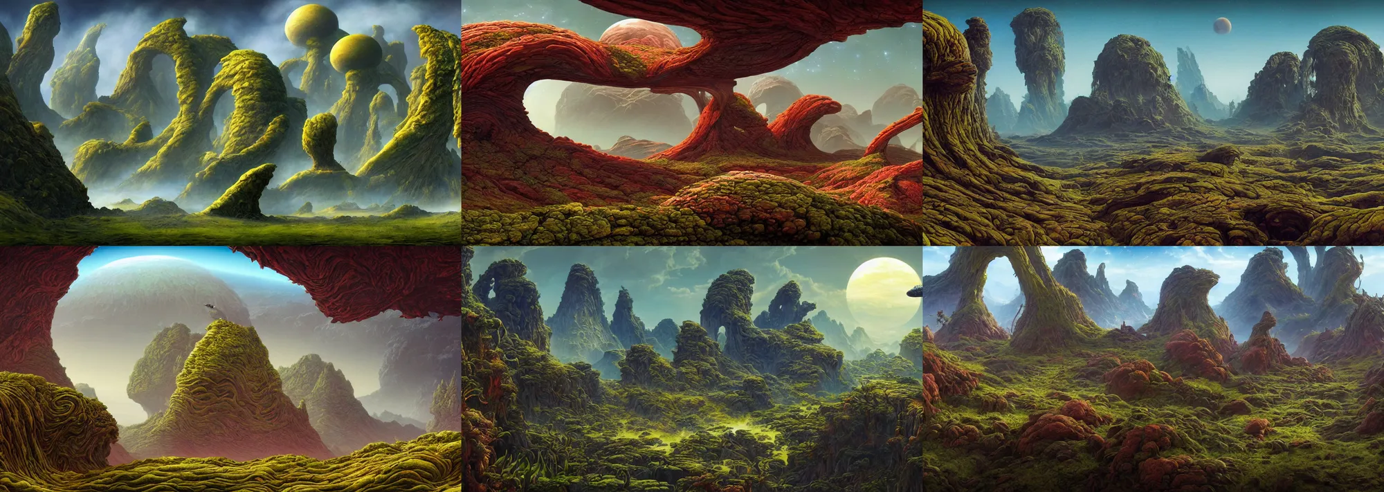 Prompt: beautiful rendering of extraterrestrial landscape with distorted alien plants, roger dean, karol bak, moebius, martin johnson heade, unreal engine, matte painting, high detailed, 4 k, trending on artstation